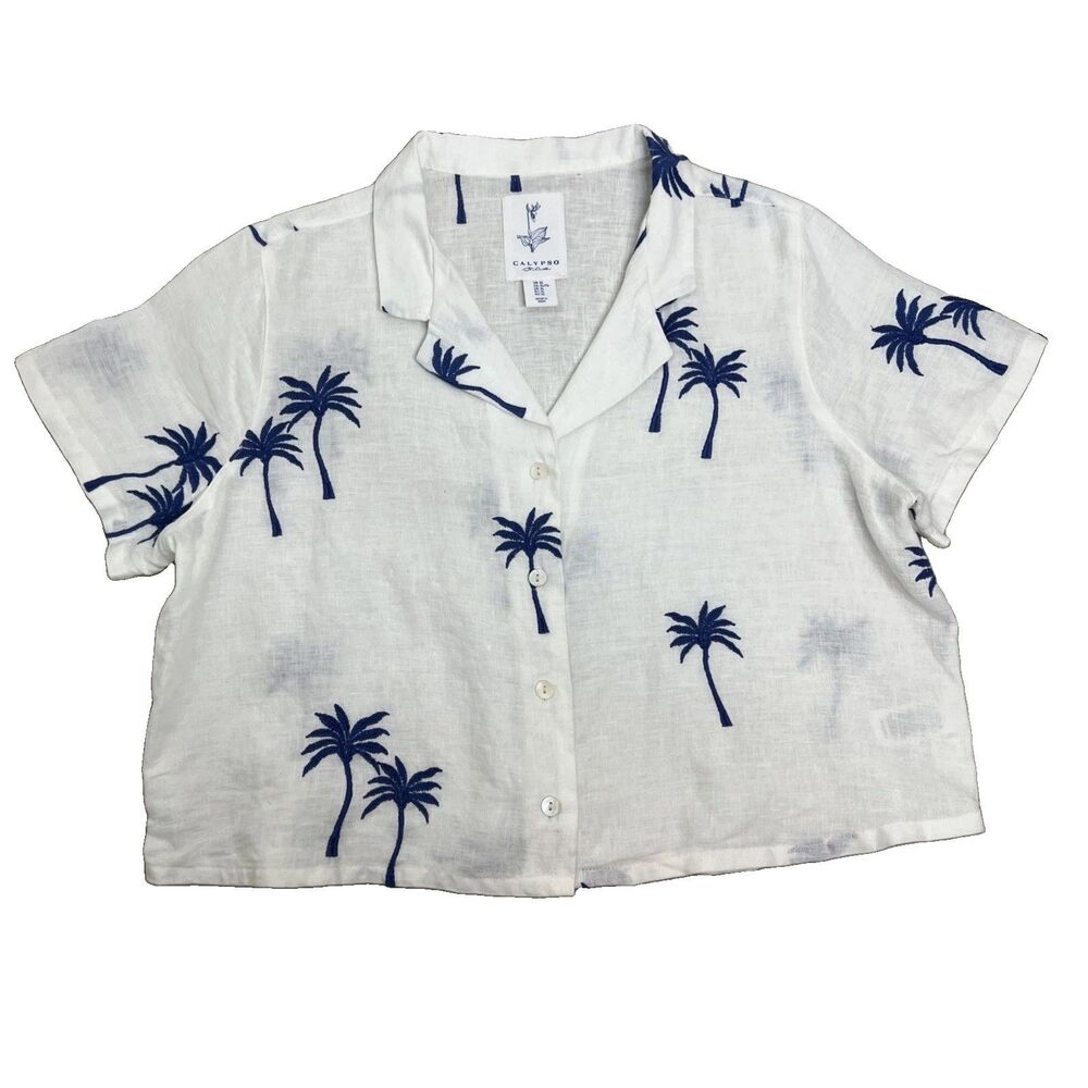 Calypso St. Barth Shirt  Women XL Cropped Button Up Tropical Embroidered Linen